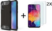 Ntech Hoesje Geschikt Voor Samsung Galaxy A50 Armor Hoesje Zwart + 2 stuks Tempered glass