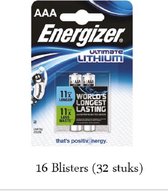 32 stuks (16 blisters a 2 stuks) Energizer AAA Ultimate Lithium 1.5V Micro LR03/FR3