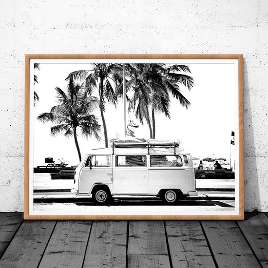 Canvas Schilderij * Retro Vintage Volkswagen Bus in Florida * - Kunst aan je Muur - Modern Realistisch - Zwart-wit - 50 x 70 cm