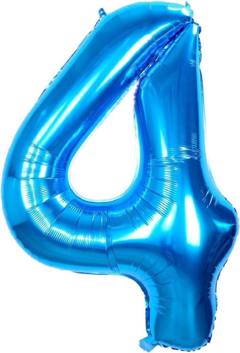 Folie Ballon Cijfer 4 Jaar Cijferballon Feest Versiering Folieballon Verjaardag Versiering Blauw XL 86Cm Met Rietje - BTH
