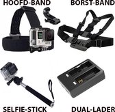 Accessoires set 6 in 1 voor EKEN - GoPro - Wolfgang - Lipa - Denver - Action Camera - Dual batterij lader - Borst- en hoofband - Selfie Stick