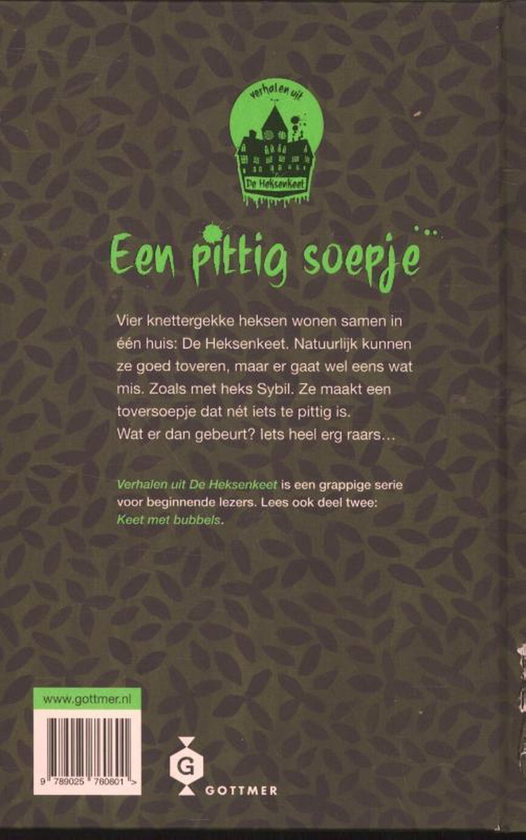 Boekomslag met groene achtergrond met bladmotief. Titel: Een pittig soepje.