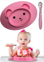 foto van Bordje met zuignap + baby lepel – placemat met geïntegreerd bord – antislip placemat – Bordje Beer voor baby's, peuters en kinderen - siliconen – roze