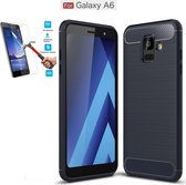 Samsung Galaxy A6 2018 Carbone Brushed Tpu Blauw Cover Case Hoesje - 1 x Tempered Glass Screenprotector