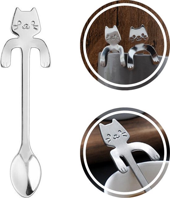 Theelepel hangende kat - Koffielepel - Cadeau – Katten – RVS - Zilverkleurig