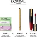 Een L'Oréal Paris Pure Clay Soothing Mask, een gouden lip pencil en een rode glanzende lippenstift met applicator.