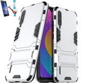 Xiaomi Mi A3 / Mi CC9e Kickstand Shockproof Zilver Cover Case Hoesje - 1 x Tempered Glass Screenprotector A3TBL