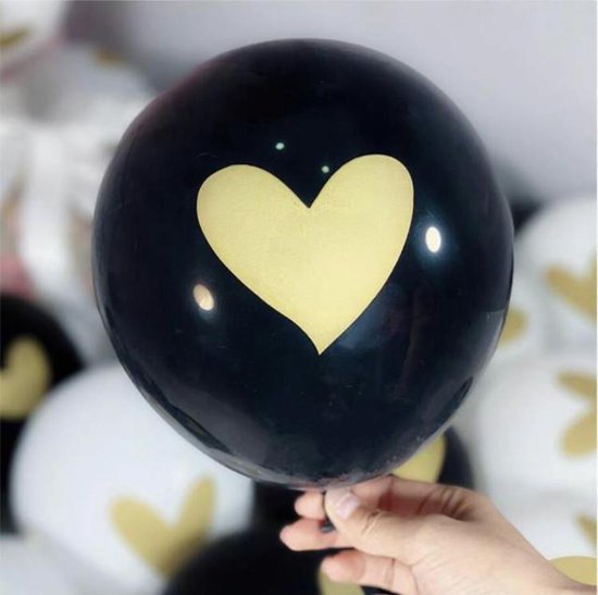Zwarte Ballonnen met goud hart | Zwart - Goud | Hart - Love | 9 stuks | Baby Shower - Kraamfeest - Verjaardag - Geboorte - Fotoshoot - Wedding - Marriage - Birthday - Party - Feest - Event - Jubileum - Valentijn