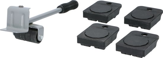 Kinzo meubellifter en vier zwarte meubelrollers.