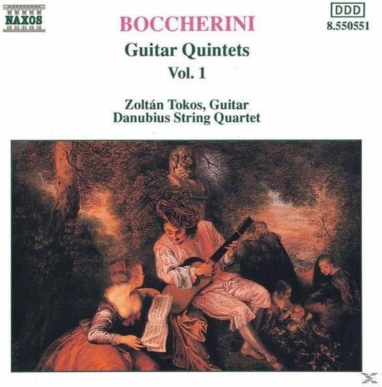 Boccherini: Gitaarkwintetten, Vol. 1 met Zoltán Tokos en Danubius Strijkkwartet. Klassiek schilderij van een groep mensen in een bosrijke omgeving.