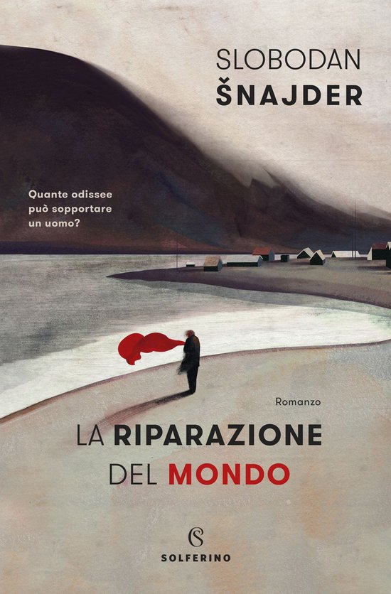 Boekomslag met een persoon in rode sjaal, staand aan de kust met bergen op de achtergrond. "LA RIPARAZIONE DEL MONDO"
