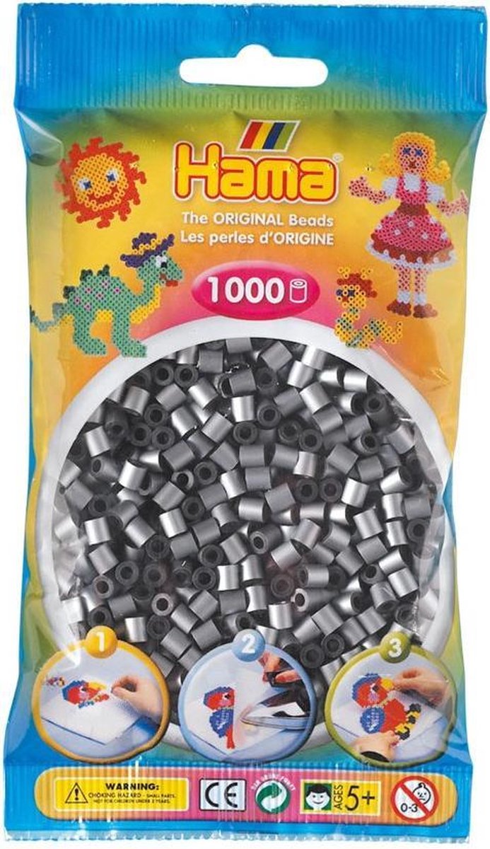Hama zilver (glanzend grijs) midi strijkkralen, zakje met 1.000 stuks normale strijkparels (creatief cadeau idee voor kinderen!)