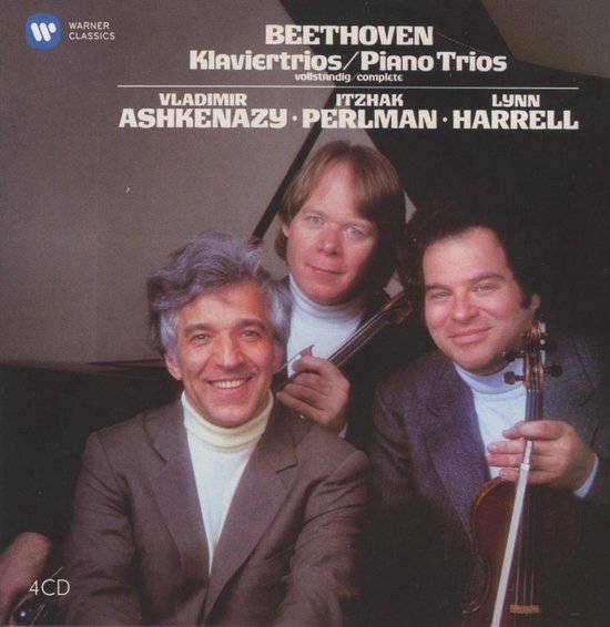 Drie mannen met instrumenten voor een piano. "BEETHOVEN Klaviertrios / Piano Trios"