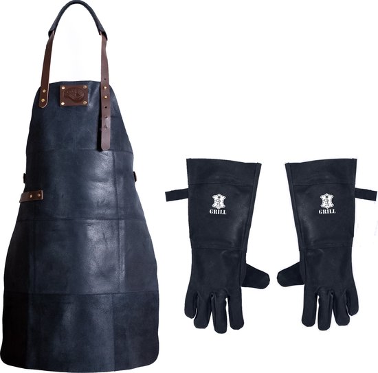 Tablier en cuir + gants en cuir - Tablier en cuir - NOIR - Tablier de chef - Tablier de barbecue - Tablier de cuisine - Fête des pères - Cadeau de Noël pour mari Père grand-père papa - 81 cm x 56 cm Comprend des gants pour le barbecue