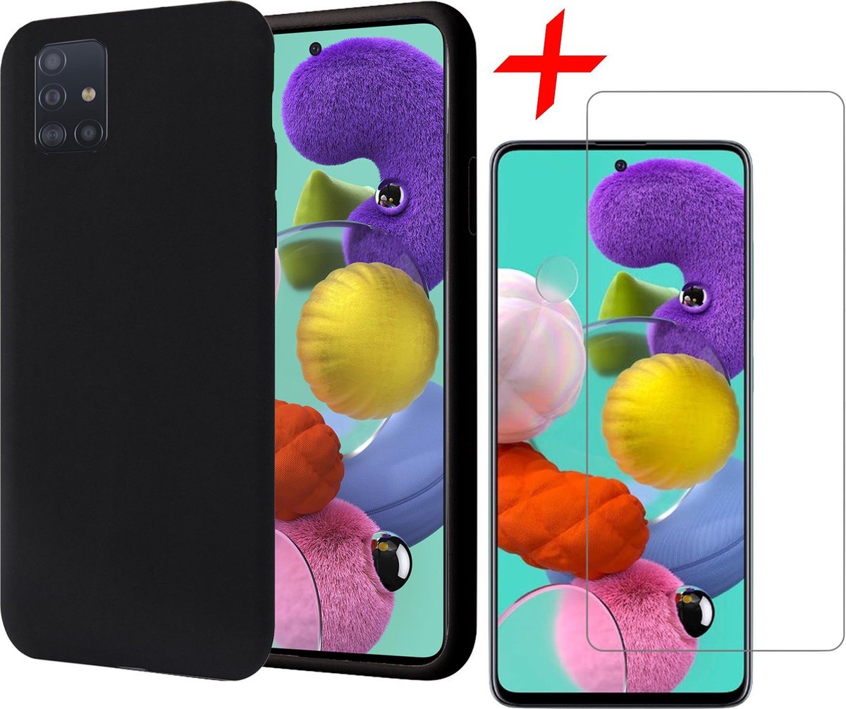 Hoesje geschikt voor Samsung Galaxy A51 - Liquid Siliconen Case Zwart + Screenprotector