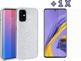 Samsung Galaxy A51 Hoesje - Siliconen Glitter Back Cover & Tempered Glass - Zilver
