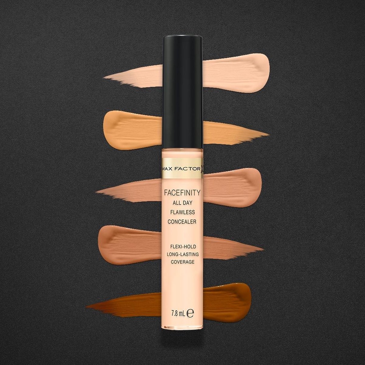 Max Factor Facefinity All Day Flawless Concealer met applicator, de flacon bevat een perzikkleurige foundation.