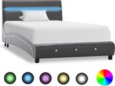 Bedframe Grijs 90x200 cm Kunstleer met LED (Incl LW Led klok) - Bed frame met lattenbodem - Tweepersoonsbed Eenpersoonsbed