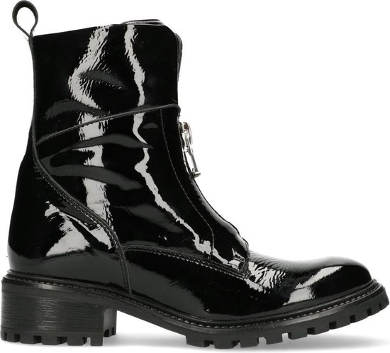 Manfield - Dames - Lak zwarte biker boots met ritsje - Maat 42 | bol.com