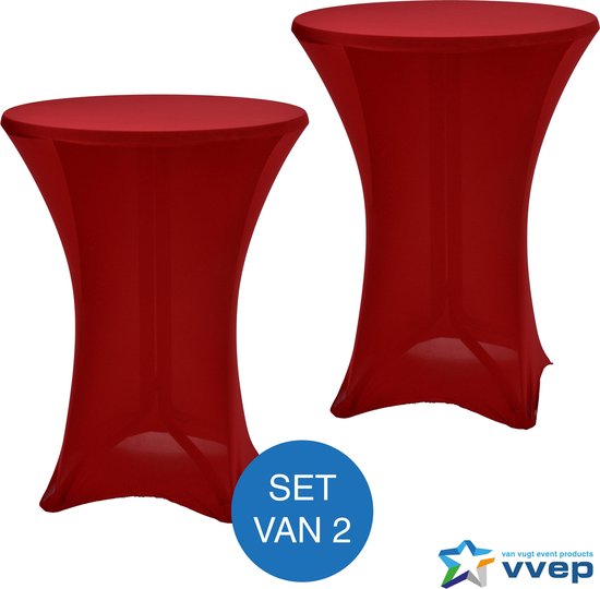 Set de 2 jupons de table rouges, modèle sablier, avec logo et texte 'SET VAN 2'.