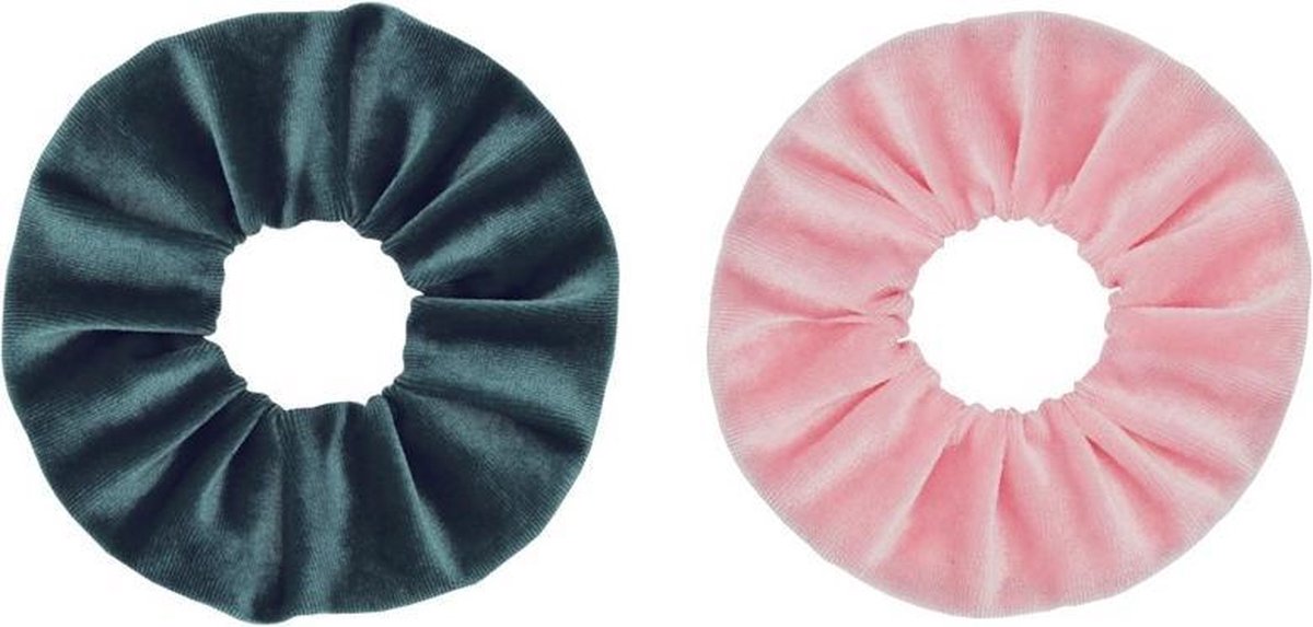 Jumalu scrunchie velvet haarwokkel haarelastiekjes - groenblauw en lichtroze - 2 stuks
