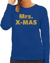 Foute Kersttrui / sweater - Mrs. x-mas - goud / glitter - blauw - dames - kerstkleding / kerst outfit S (36)