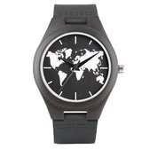 Zoëies houten horloge met zwarte leren band en witte wereldkaart