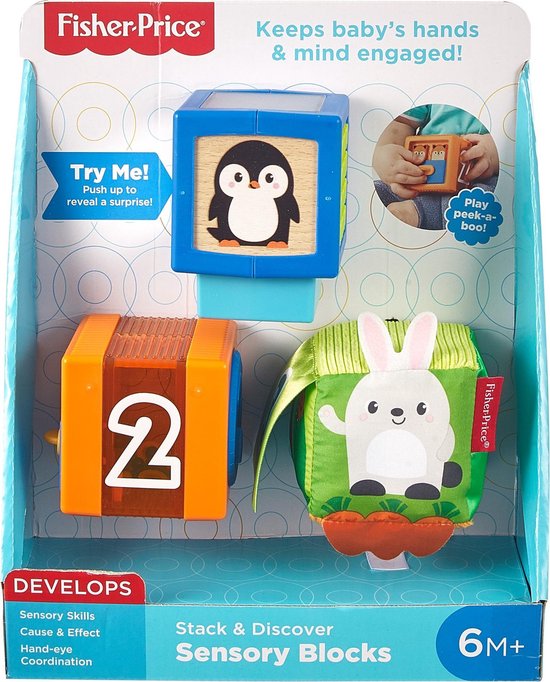 Fisher-Price Stapel & Ontdek sensorische blokken verpakking met een pinguïn blok, een zacht konijnenblok en een blok met cijfer 2.