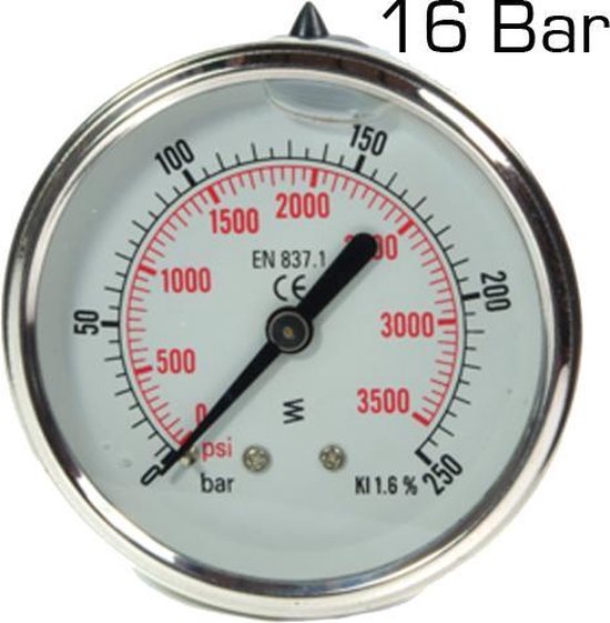 Manometer 0 16 Bar RVS glycerine gevuld achteraansluiting 1/4 inch bol