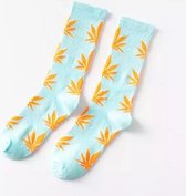 Wietsokken - Cannabissokken - Wiet - Cannabis - lichtblauw-oranje - Unisex sokken - Maat 36-45