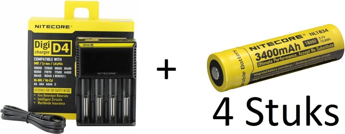 Nitecore Digicharge D4 EU 4 chanel Smart charger for Li-ion/Nimh/Ni-Cd batteries + 4 Nitecore 18650 3400 mah Batterijen