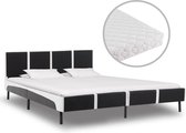Bed met Matras Zwart WIt 180x200 cm Kunstleer  (Incl LW Led klok) - Bed frame met lattenbodem - Tweepersoonsbed Eenpersoonsbed