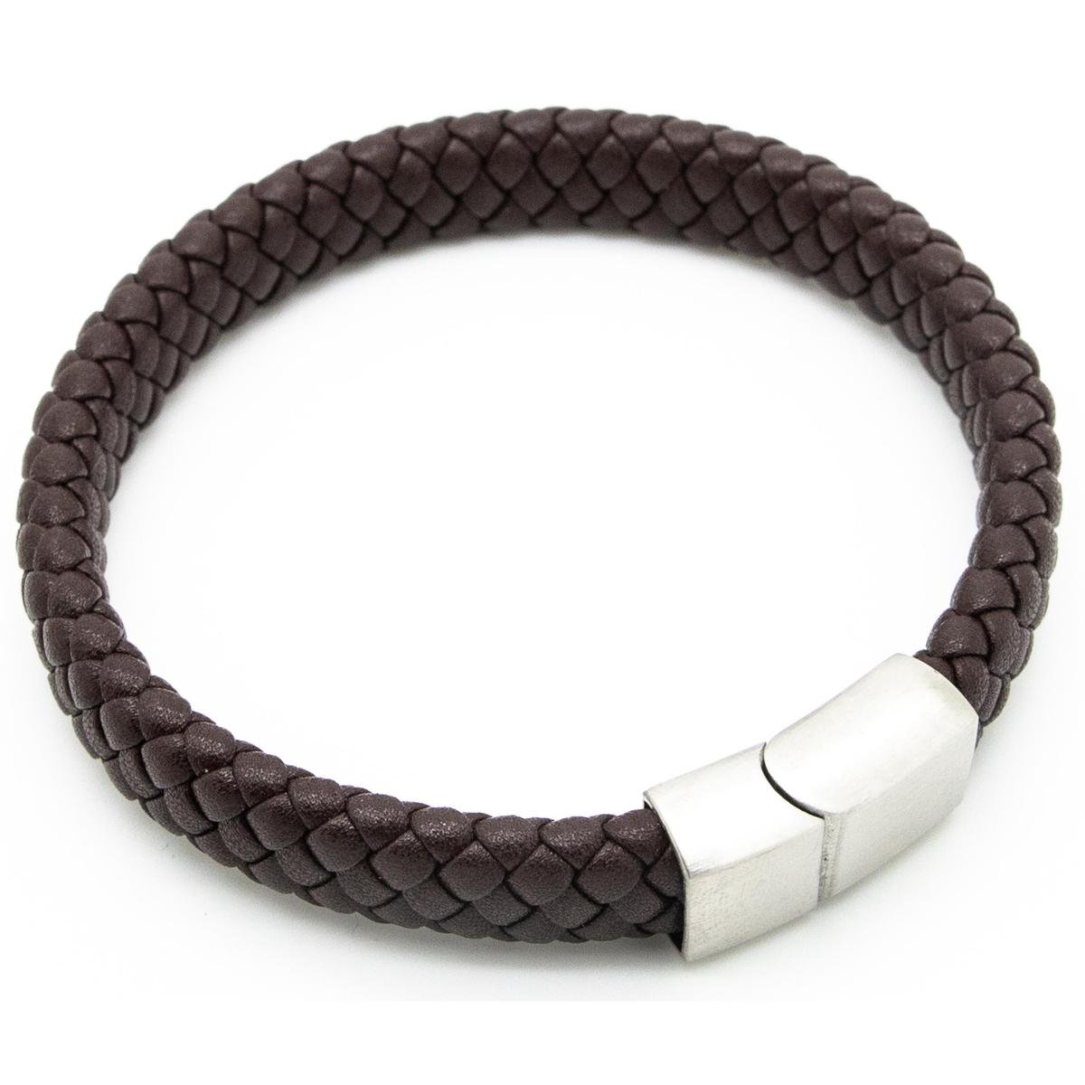 Bracelet Homme Cuir Noir Tréssé Plat Fermoir Acier Inoxydable