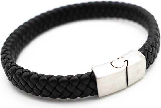 armband - zwart - leer - gevlochten plat - 20,5 cm - model C - armband  mannen | bol.com