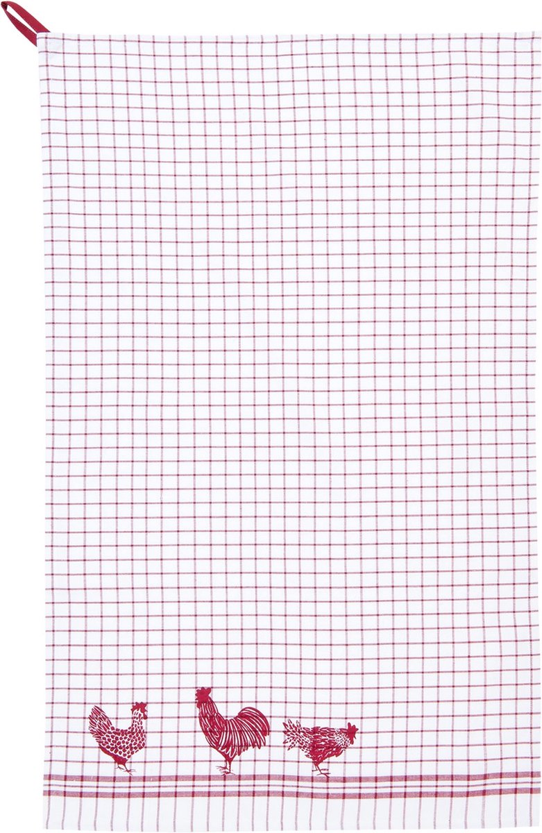 Clayre & Eef - Keukendoek - Theedoek - textielserie Landelijk - Kippen & Hanen - 50 x 85 cm - Rood