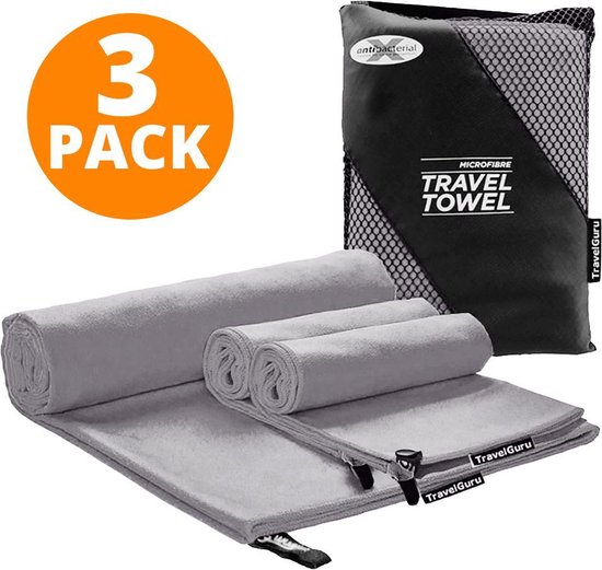 TravelGuru Microvezel Reishanddoek Set van 3 - 1x Large (85 * 150cm), 2x Small (40 * 80 cm) - Sneldrogende, lichtgewicht handdoek ideaal voor sporten, reizen, outdoor & strand - Microfiber Travel Towel - Grijs