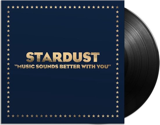 Donkerblauwe hoes met gouden sterrenrand, en een zwarte 12" vinyl single ernaast.