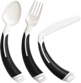 Bestekset 3-delig linkshandig (vork, lepel en mes), aangepast bestek met links gebogen handvat. Anti-slip greep, zwart.