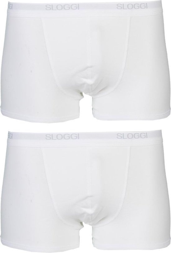 Twee witte Sloggi boxershorts met grijze logoband, de ene boven de andere.