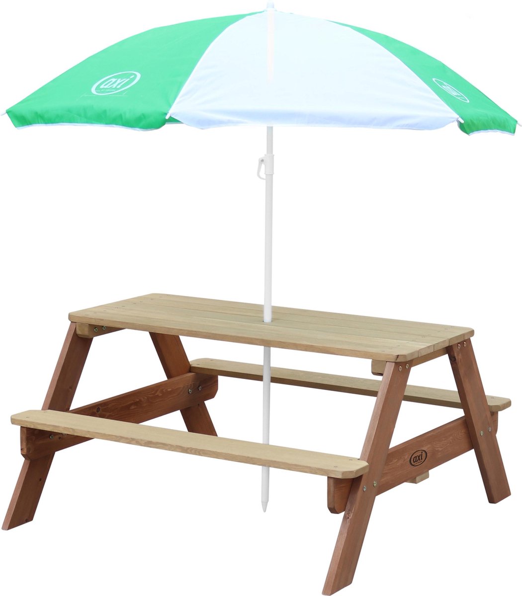 AXI Nick Picknicktafel in Bruin met Parasol in Groen/Wit - Picknick tafel voor kinderen van hout