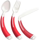 Bestekset 3-delig linkshandig (vork, lepel en mes), aangepast bestek met links gebogen handvat. Anti-slip greep, rood.