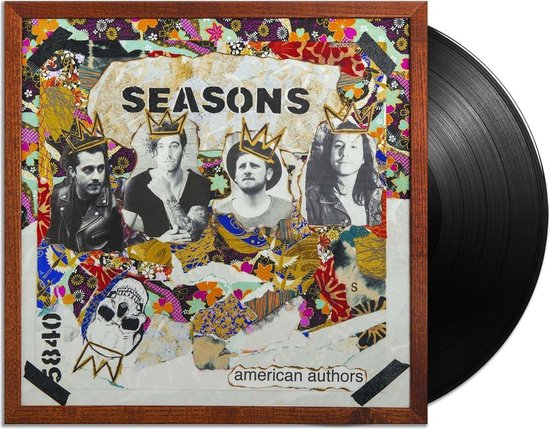 Albumhoes 'Seasons' van American Authors naast een zwarte vinylplaat, met vier mannen met kronen, een schedel en kleurrijke patronen.