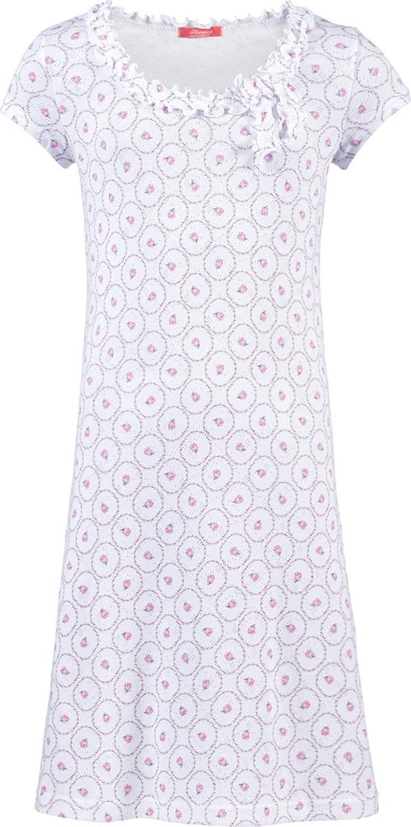 Exclusief Luxueus Kinder nachtkleding ; een Luxe mooi zacht roze Roosjes print Girly Nachthemd met een verfijnde hals verwerking én een perfect zittend wit ondergoed setje maat 116