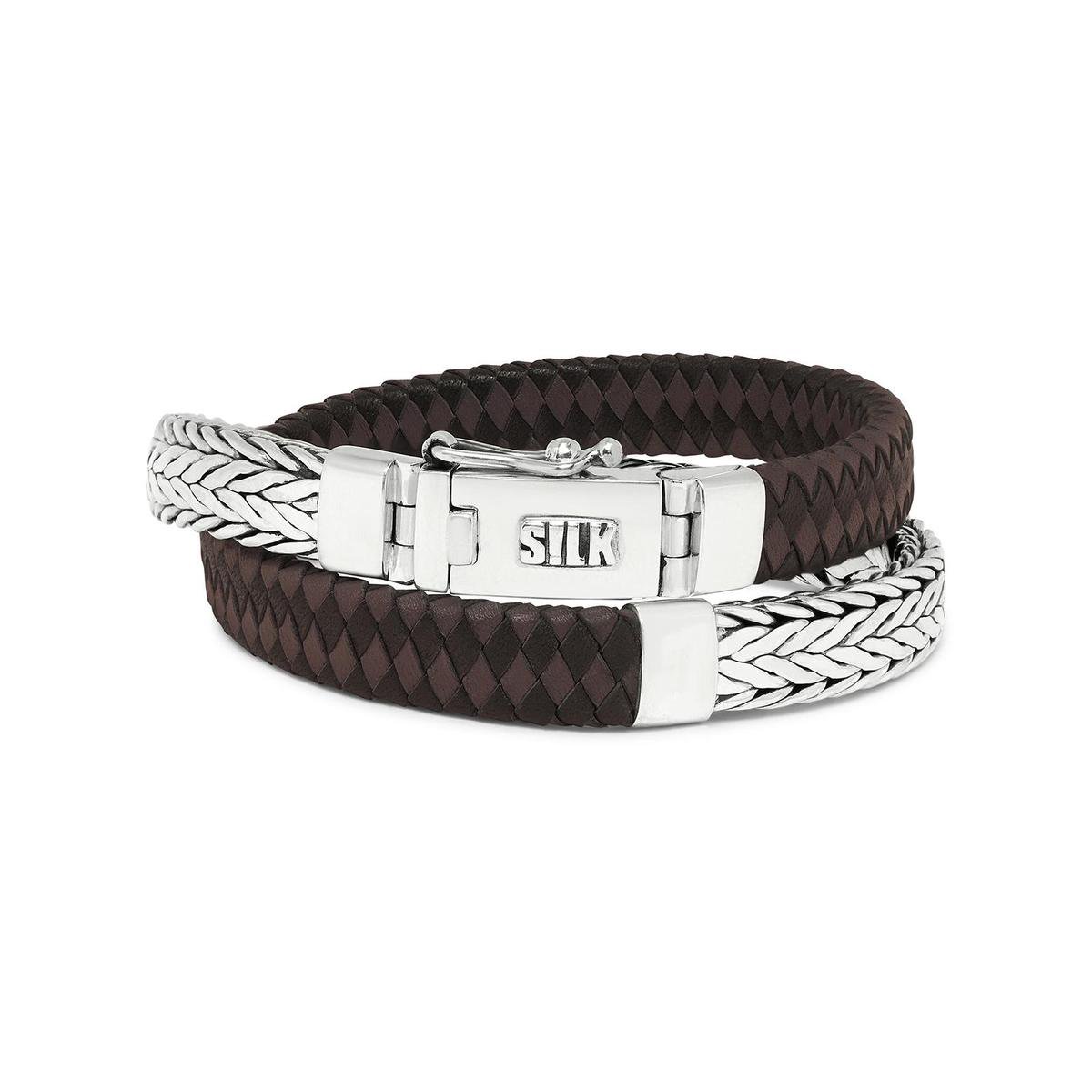SILK Jewellery - Zilveren Wikkelarmband - 362BBR.19 - bruin/zwart leer - Maat 19