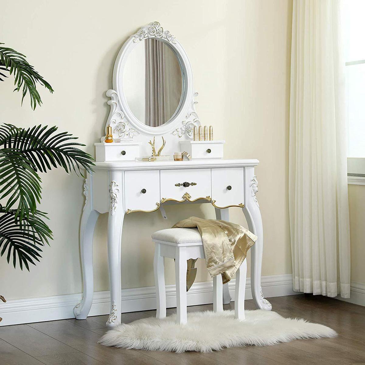 gemakkelijk Ontwarren bloemblad Elegante Kaptafel met Ovale Spiegel - Romantische Make-up Tafel met 5 Laden  en Gouden... | bol.com