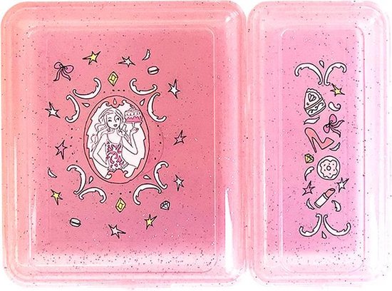 Twee roze glitter lunchtrommels met opdruk van een pop en modeaccessoires.
