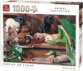 King Puzzel 1000 Stukjes (68 x 49 cm) - Puppies On Stairs - Legpuzzel - Dieren - Volwassenen