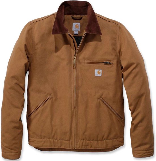 Bruine Carhartt Detroit jas met bruine corduroy kraag, gouden rits, borstzak en zijzakken.