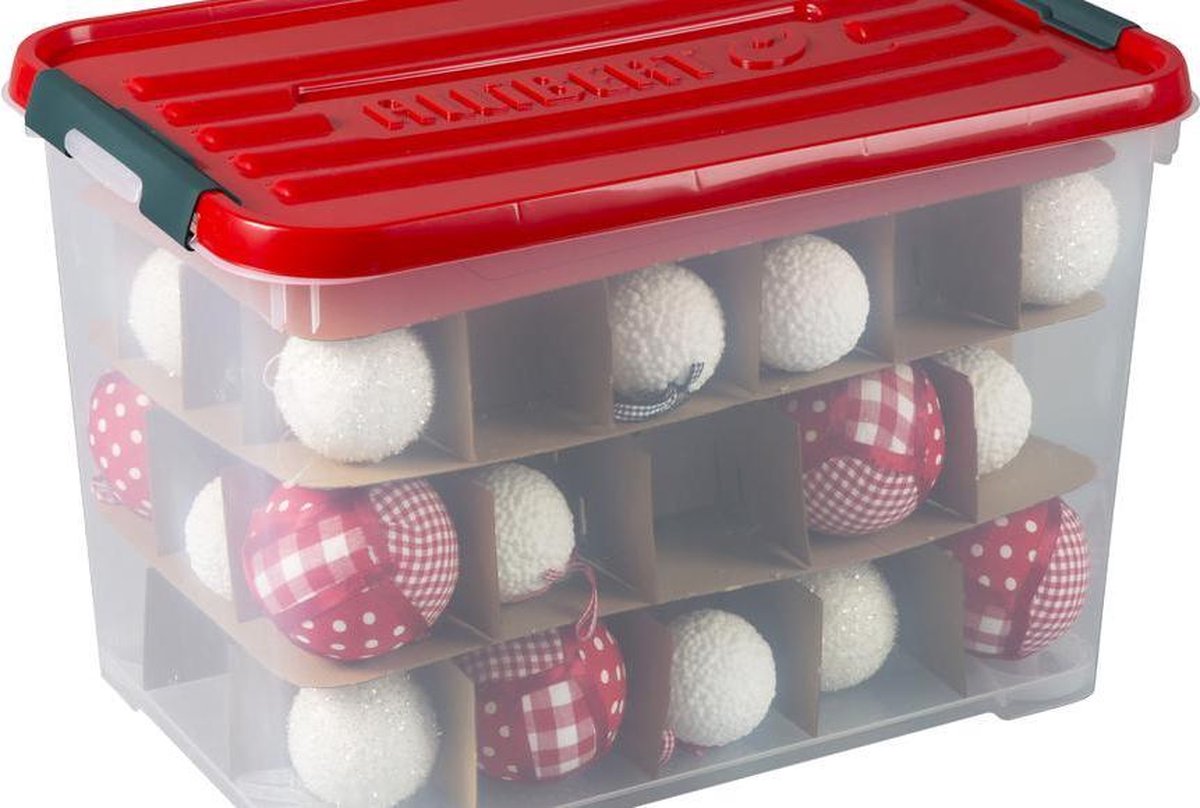 Curver - Kerstballenbox - Kerstbox 35L transparant / rood - kerstballen  opbergbox | bol