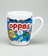 Mok - Cartoon Mok - Voor de allerbeste Oppas - Gevuld met een toffeemix - In cadeauverpakking met gekleurd krullint